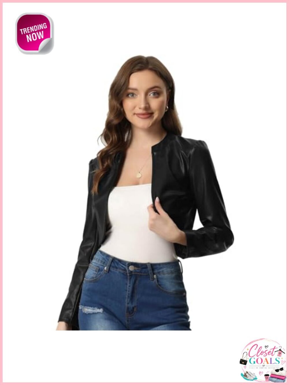 Faux Leather Jacket Open Front Long Sleeve Cropped Moto Biker Outwear